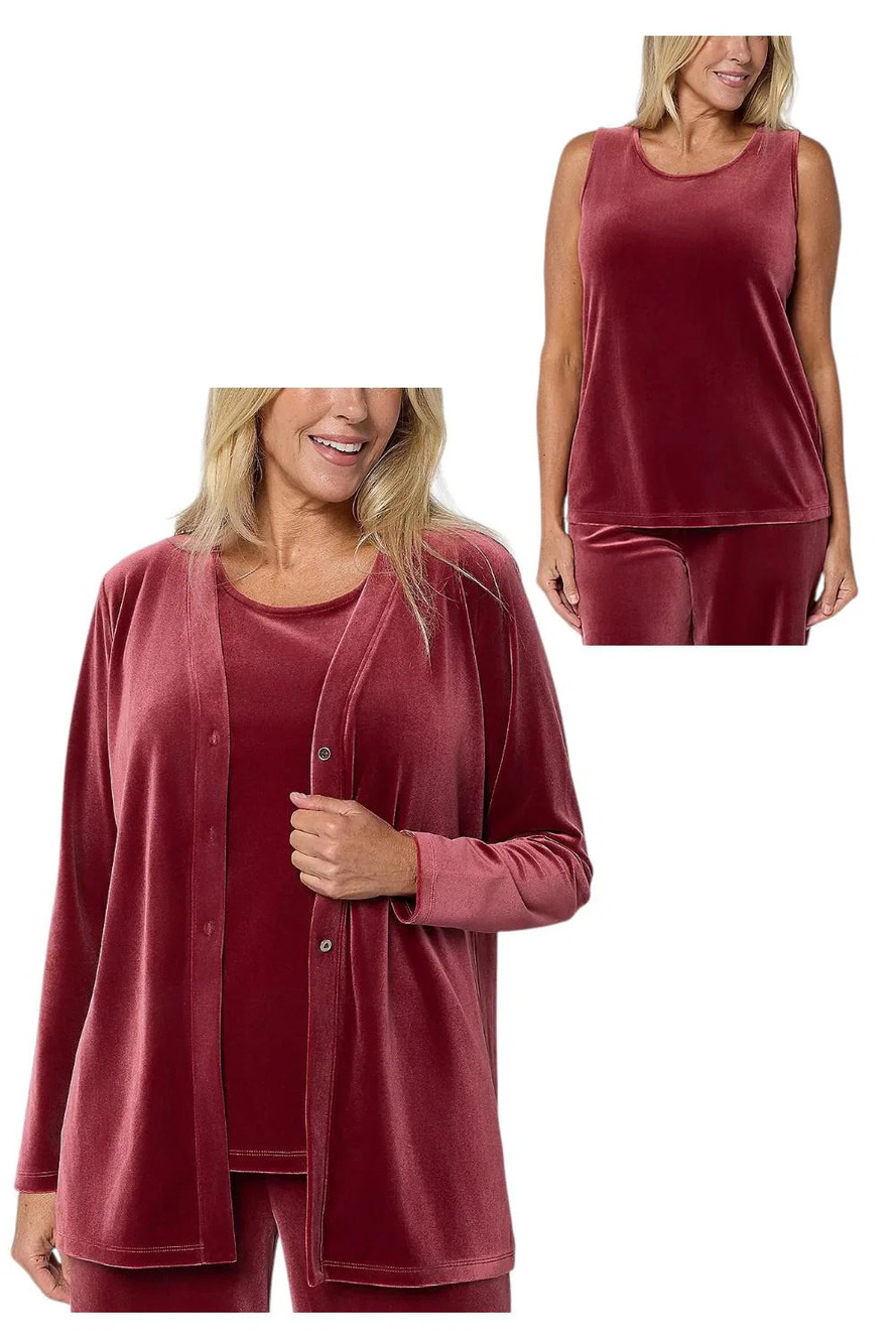 Denim & Co. Women's Archives Velvet Cardigan & Tank Set Fall Wine - Regular